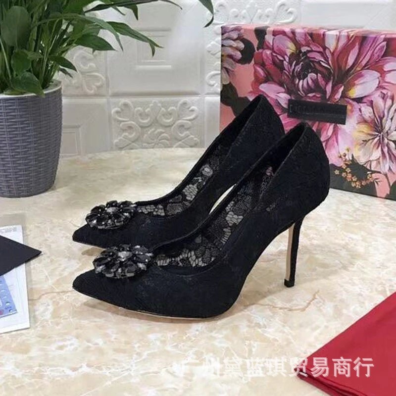 Dolce & Gabbana Lace-Embellished Crystal Floral Pointed-Toe Stilettos Blue - 8