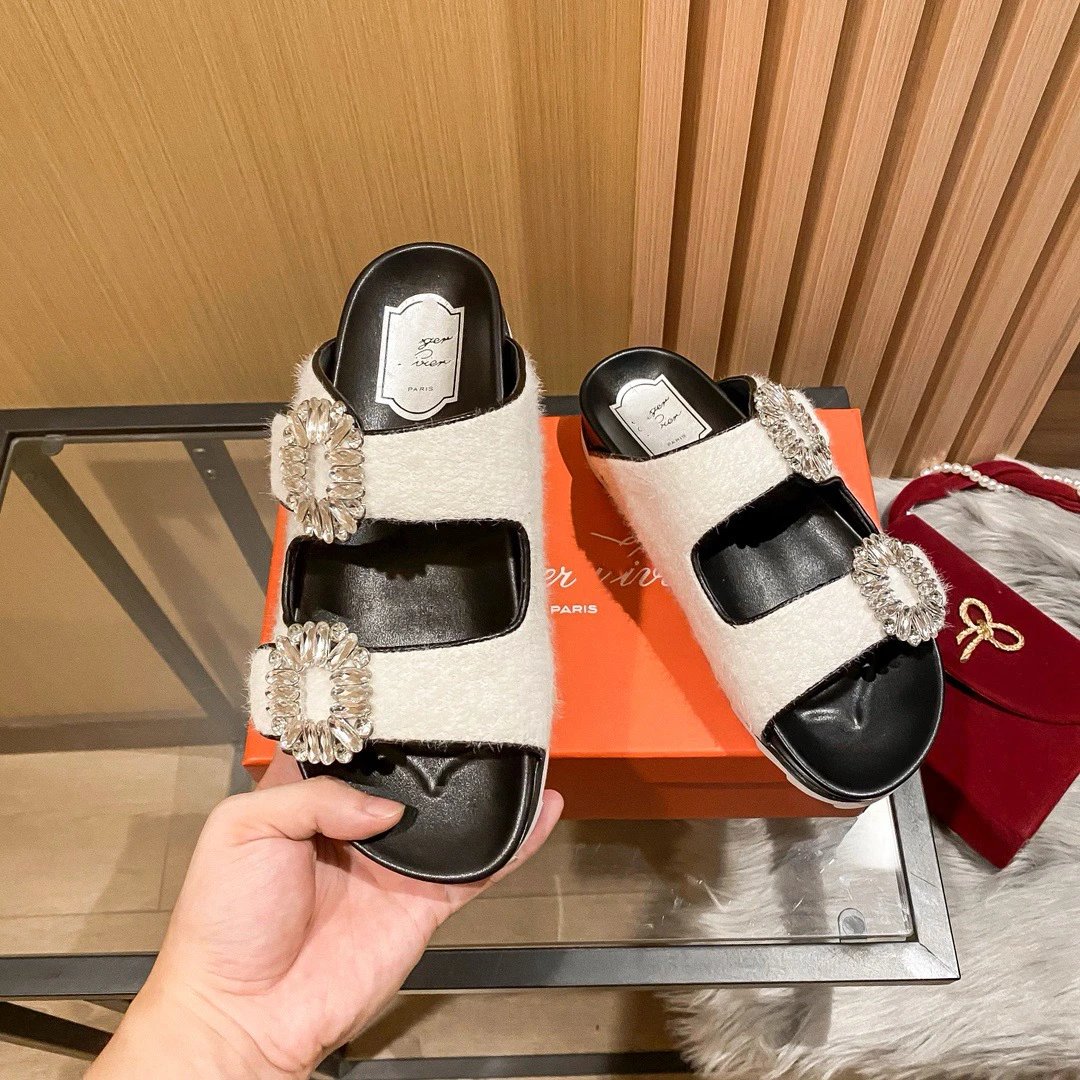 Roger Vivier Slippers Fur-Lined Double-Strap Crystal-Buckle Slides image 2