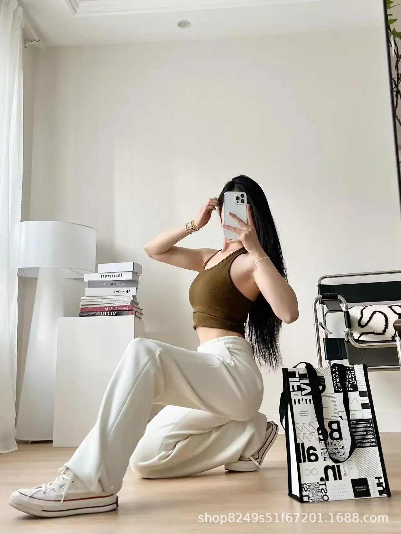 Design Wide-Leg Elastic Waist Pants Beige - 13