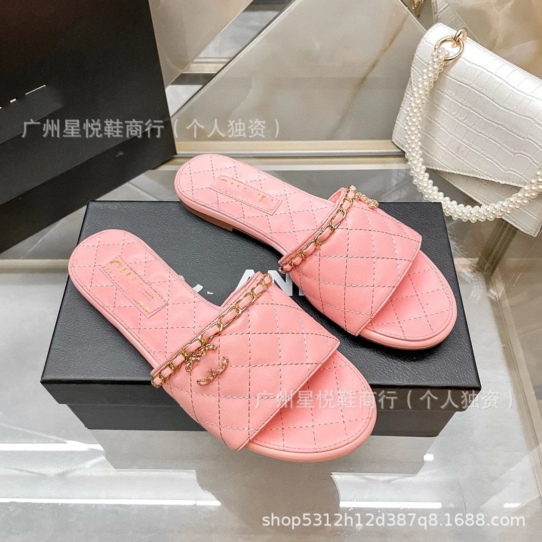 Chanel-inspired Quilted Chain Slide Sandals Beige Slippers - 4