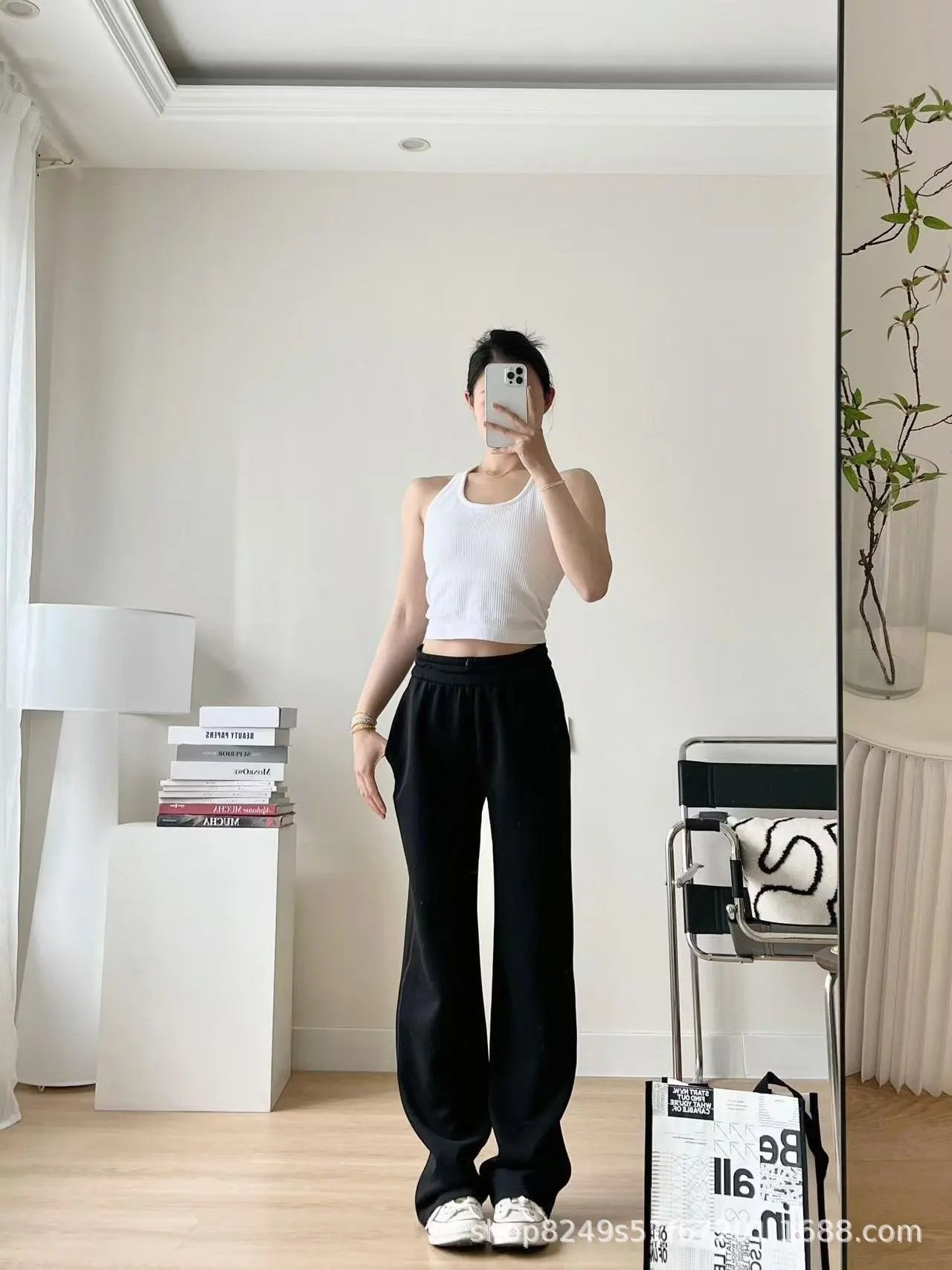 Design Wide-Leg Elastic Waist Pants Beige - 6