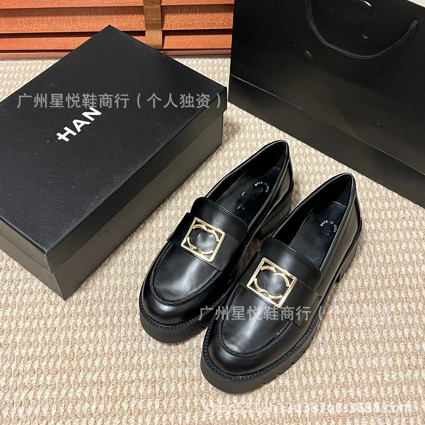Chanel-inspired Chunky Loafer with Gold CC Buckle Black Loafers - 17