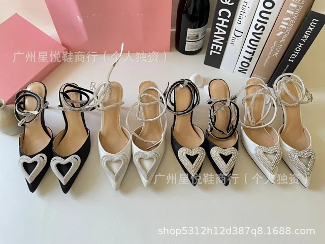 Unbranded High Heels Pointed-Toe Satin Pumps with Rhinestone Heart Detail and Ankle Wrap Straps product detail image 7