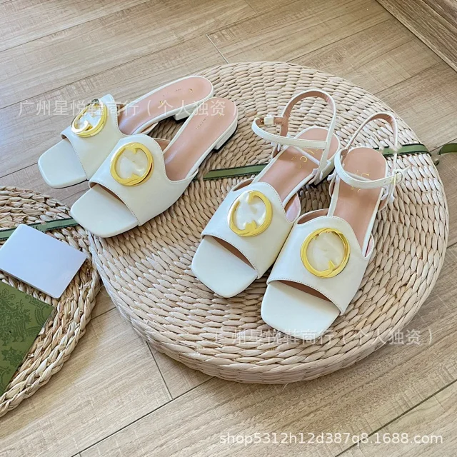 Unbranded Sandals Square-Toe Ankle-Strap with Gold-Tone Round Buckle product detail image 4