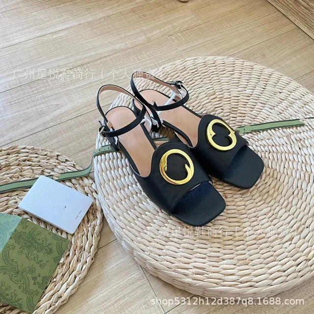 Unbranded Sandals Square-Toe Ankle-Strap with Gold-Tone Round Buckle product detail image 8