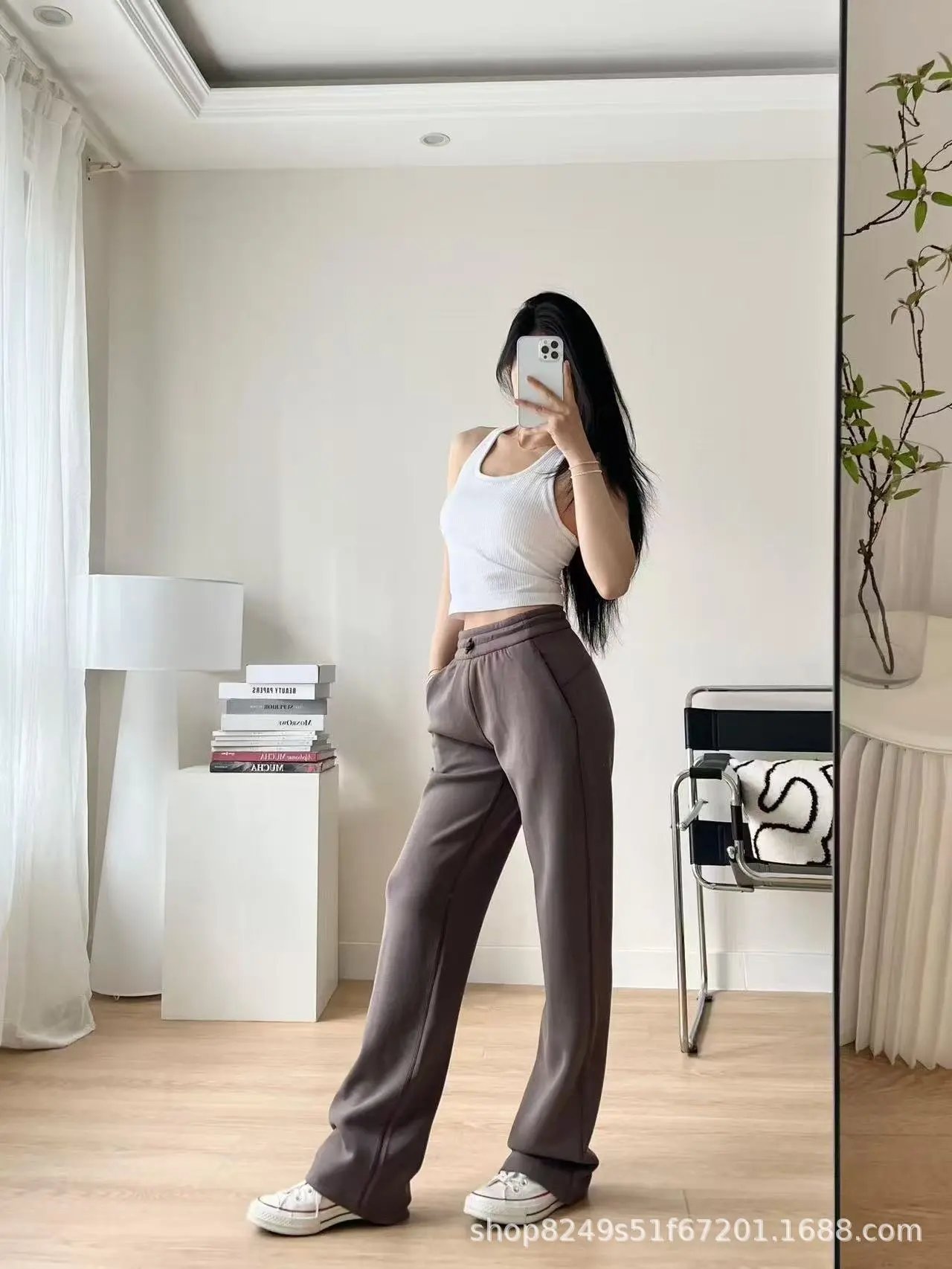 Design Wide-Leg Elastic Waist Pants Beige - 5