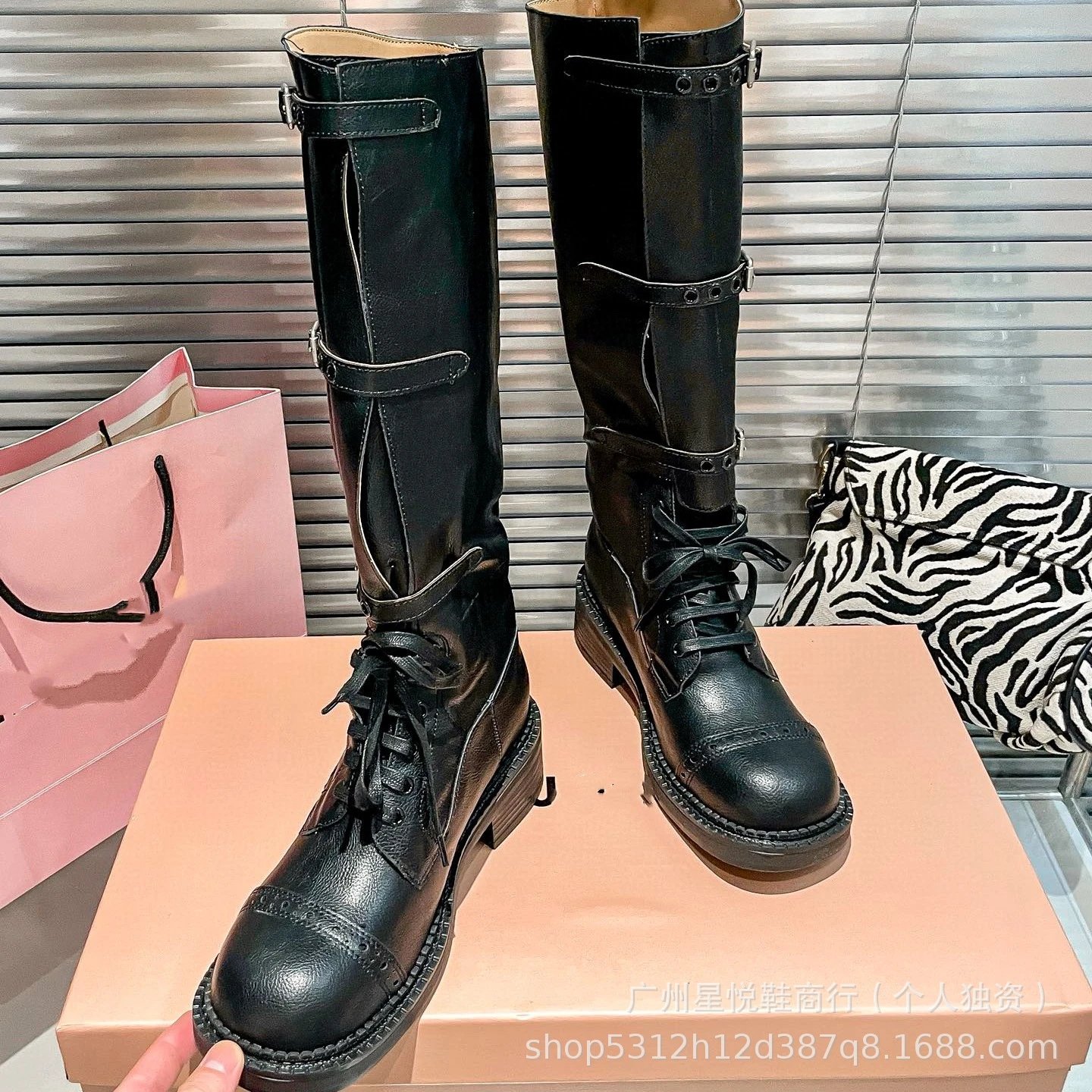Black Buckle-Strap Lace-Up Knee-High Combat Boots - 4