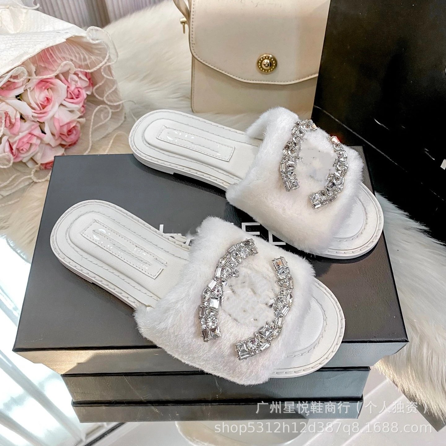 Faux Fur Slide Sandals with Crystal Logo Embellishment Beige Slippers - 5