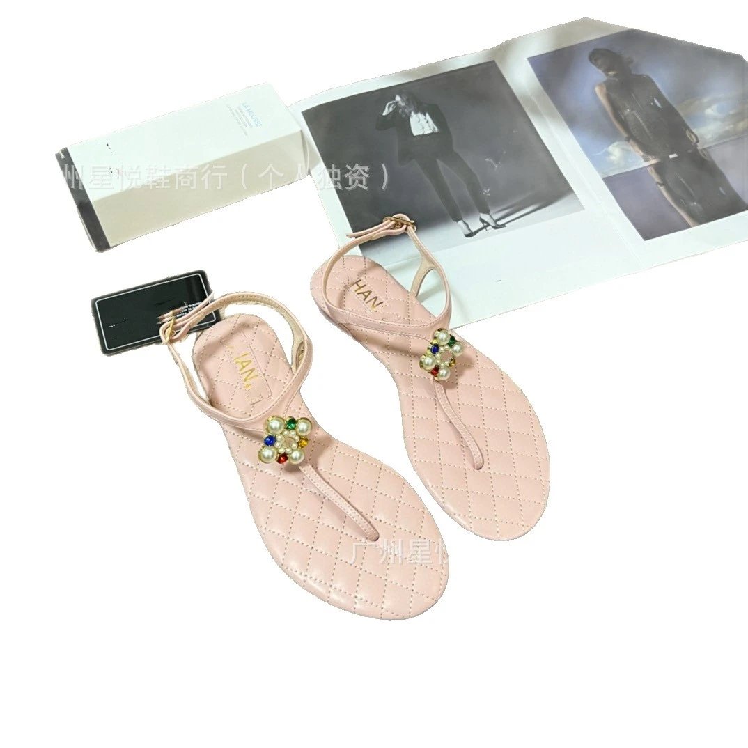 Unbranded Sandals Ankle-Strap Thong with Quilted Footbed and Pearl Flower Embellishment image 5
