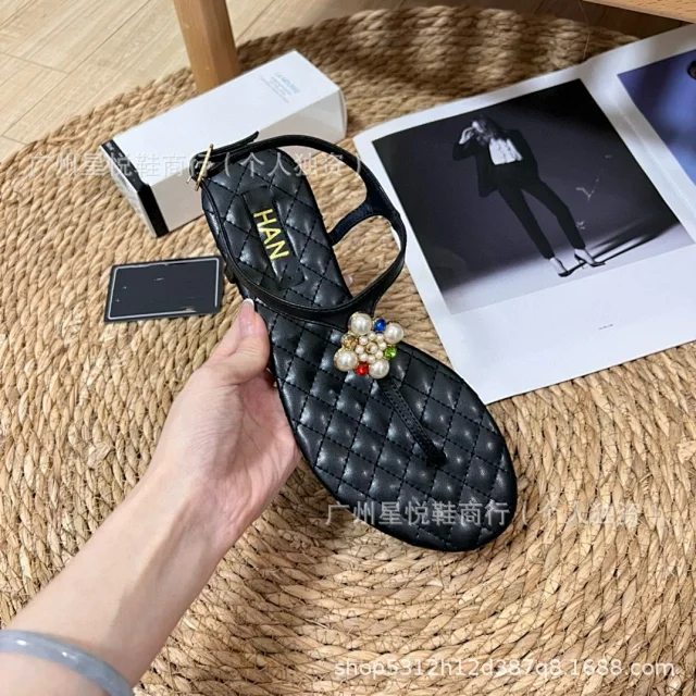 Unbranded Sandals Ankle-Strap Thong with Quilted Footbed and Pearl Flower Embellishment product detail image 9