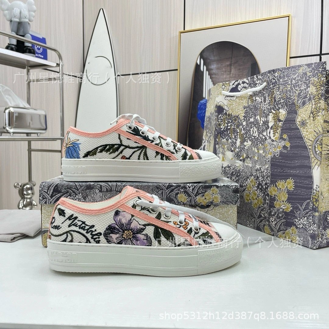 Dior B23 Low-Top Sneakers Peach Floral Mesh Canvas Shoes - 9