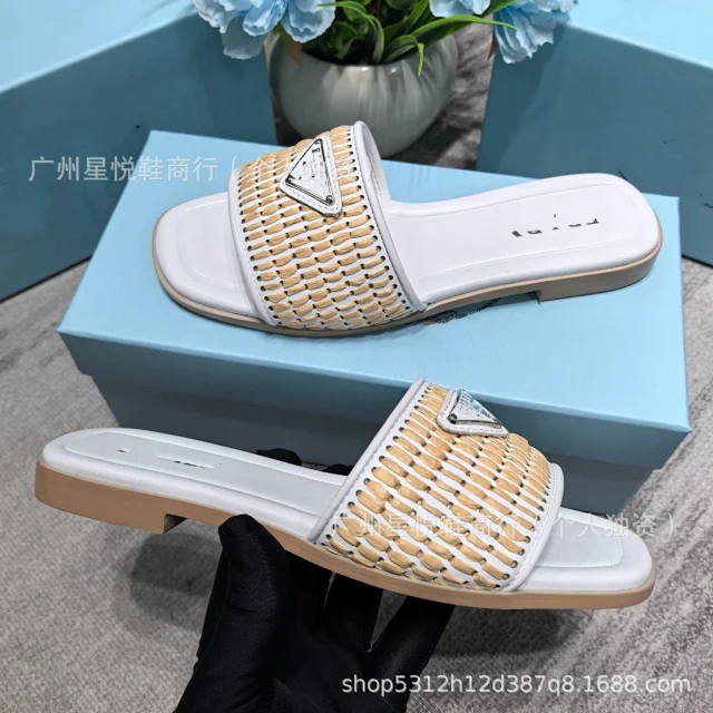 Prada Slippers Woven Strap Triangle Plaque Slide product detail image 5