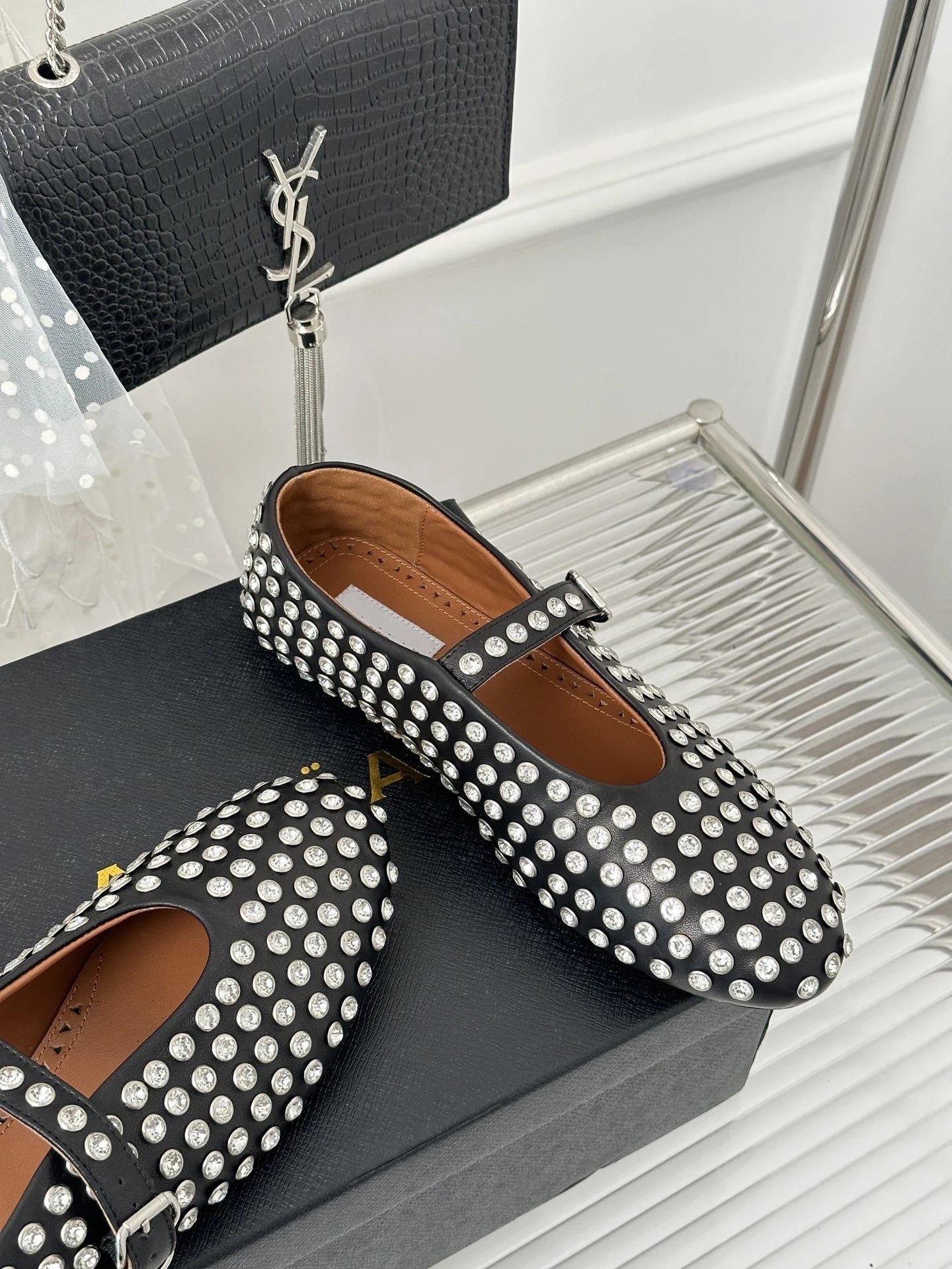 Maison Margiela Tabi Mary Jane Studded Black Leather Shoes - 23