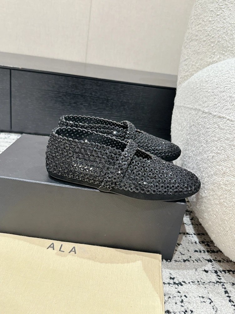ALA Mary Jane Loafers Black Sequin Embellished Shoes - 3