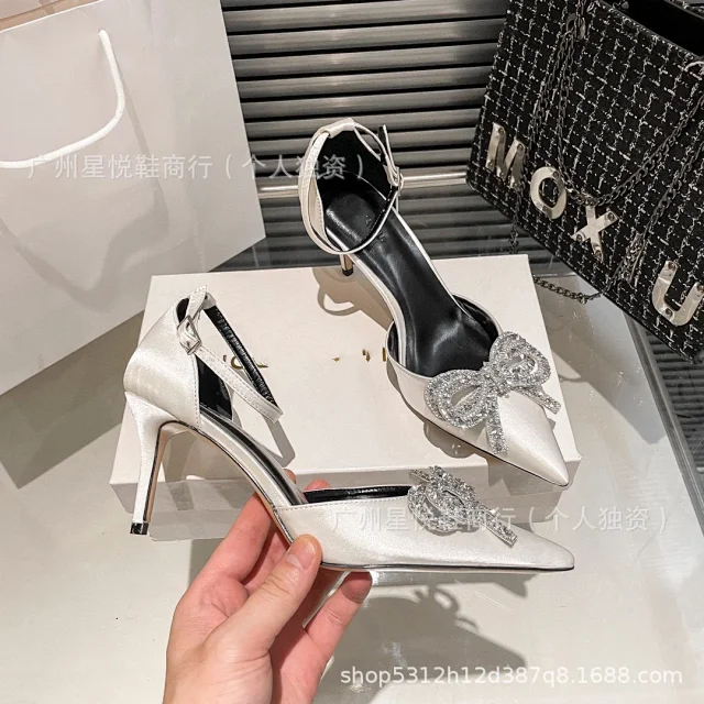 Unbranded High Heels Pointed-Toe Ankle-Strap Pumps with Rhinestone Bow product detail image 5