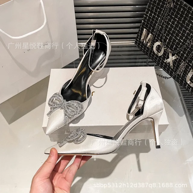 Unbranded High Heels Pointed-Toe Ankle-Strap Pumps with Rhinestone Bow product detail image 7