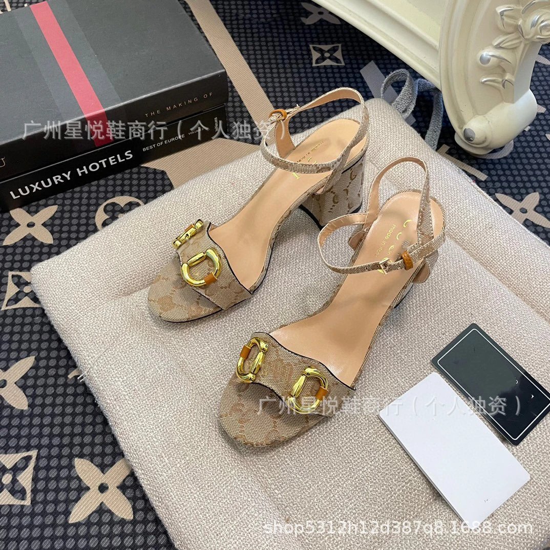 Gucci Horsebit Sandals Black Gold Block Heels - 20