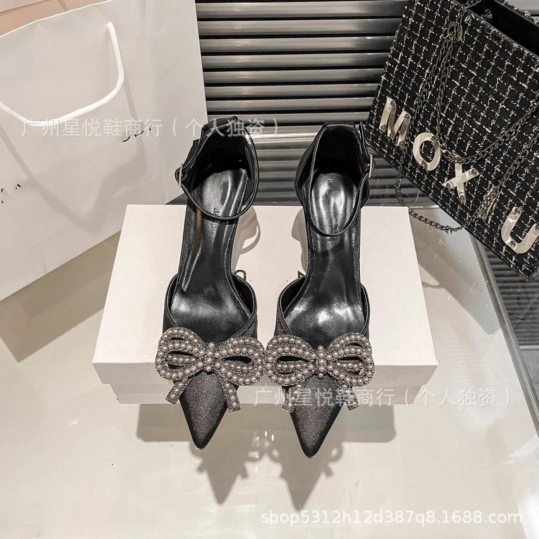 MOXIU Pearl Bow Embellished Pointed-Toe Stiletto Heels Black - 15