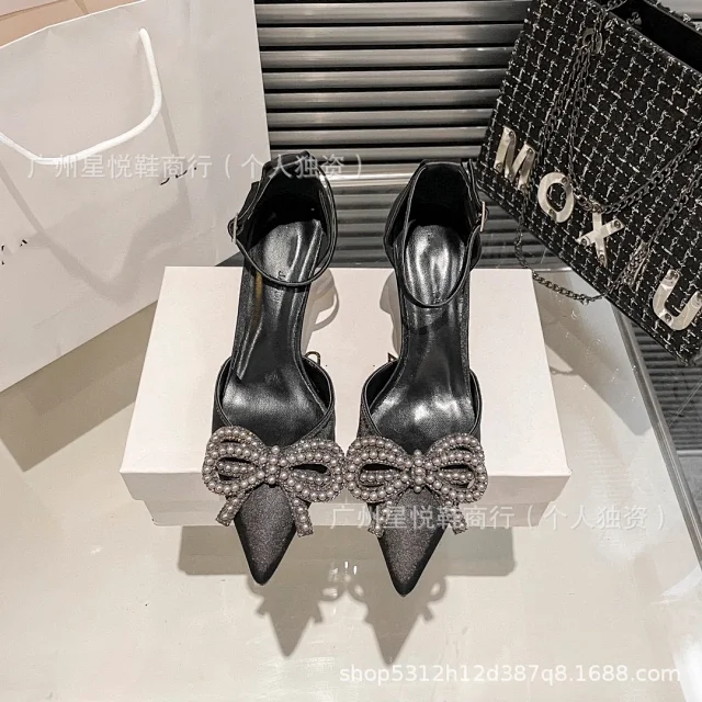 Unbranded High Heels Pointed-Toe Ankle-Strap Pumps with Rhinestone Bow product detail image 15