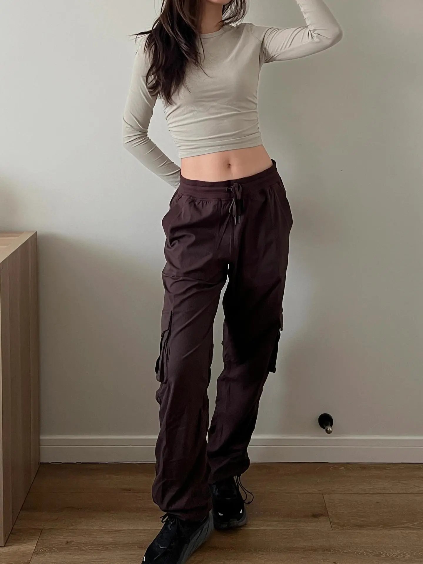 Design Cargo Pants in Off-White with Drawstring Waist and Utility Pockets - 34