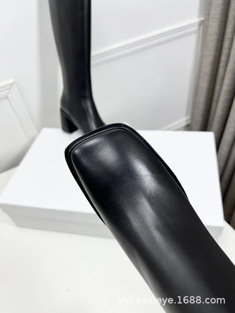 Black Square-Toe Knee-High Block Heel Boots - 15