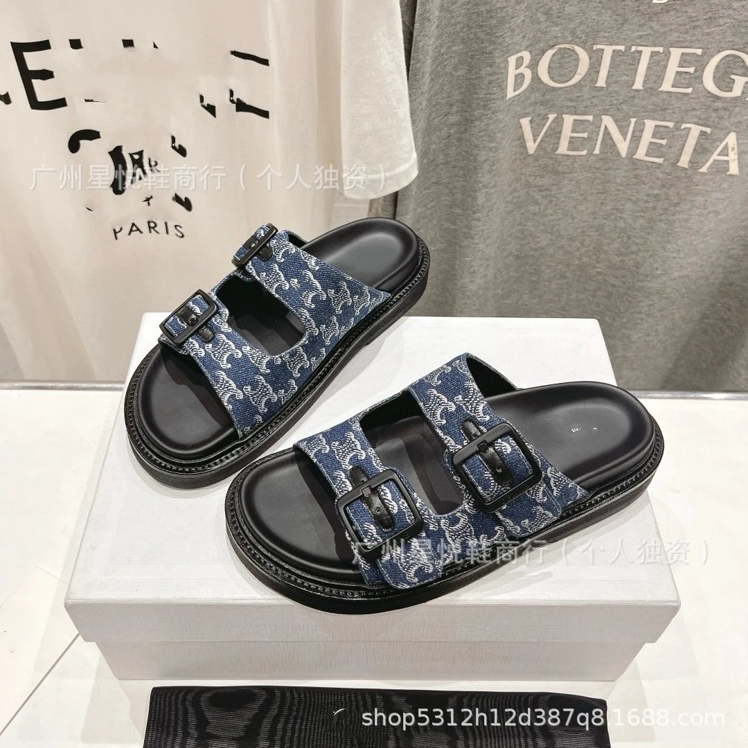 Celine Triomphe Print Double-Buckle Slide Sandals Beige - 13