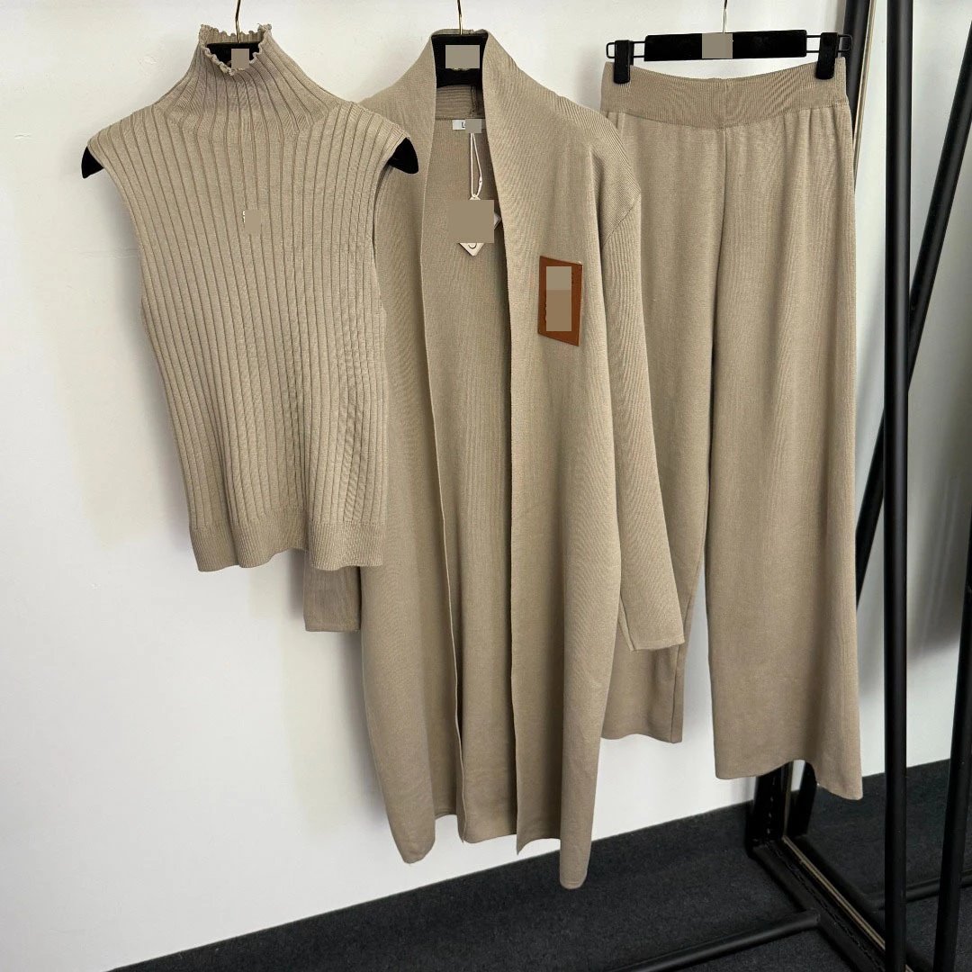 Beige Ribbed Knit Three-Piece Set: Turtleneck Vest, Open-Front Cardigan, Wide-Leg Pants - 4