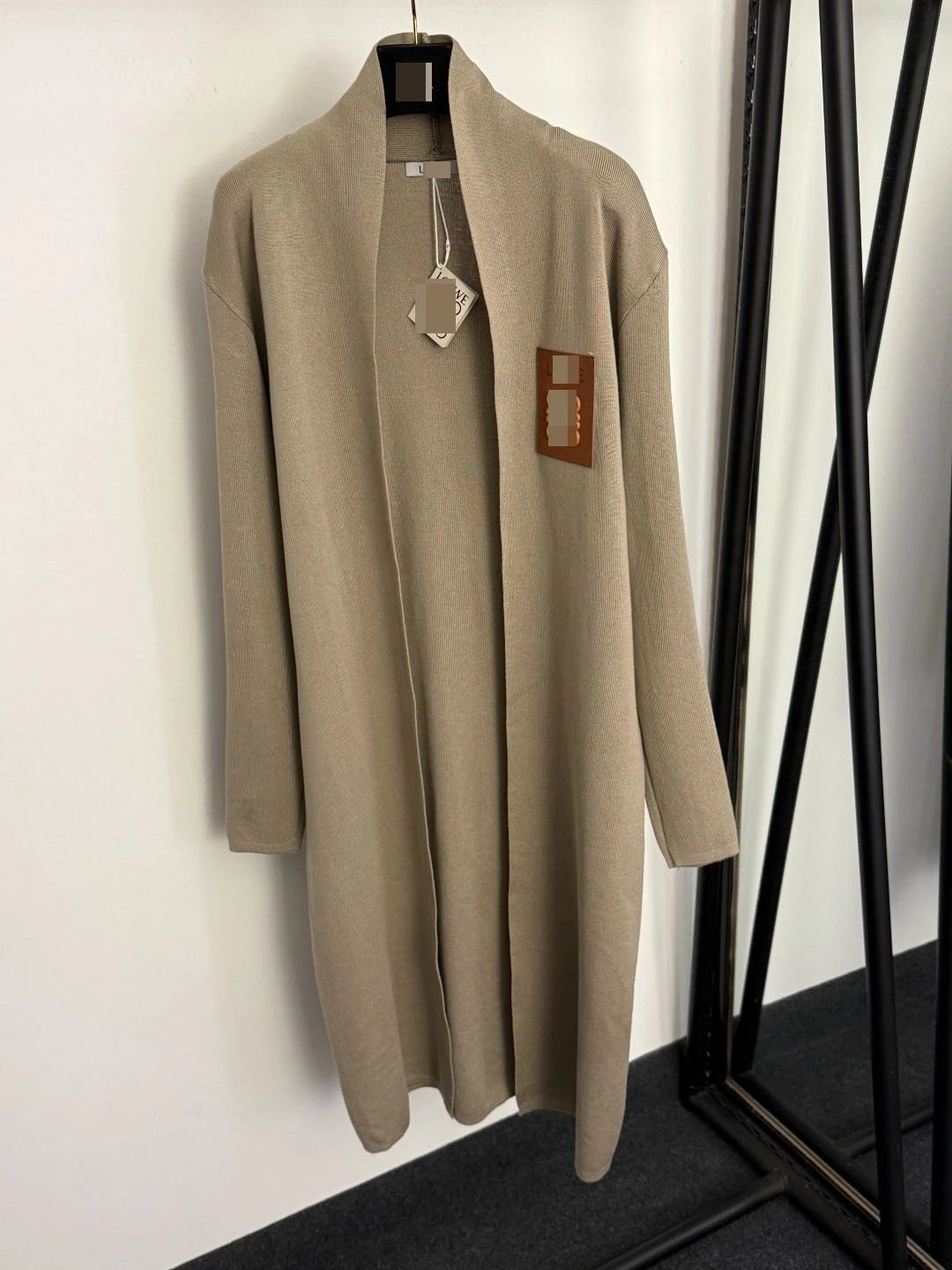 Beige Ribbed Knit Three-Piece Set: Turtleneck Vest, Open-Front Cardigan, Wide-Leg Pants - 5