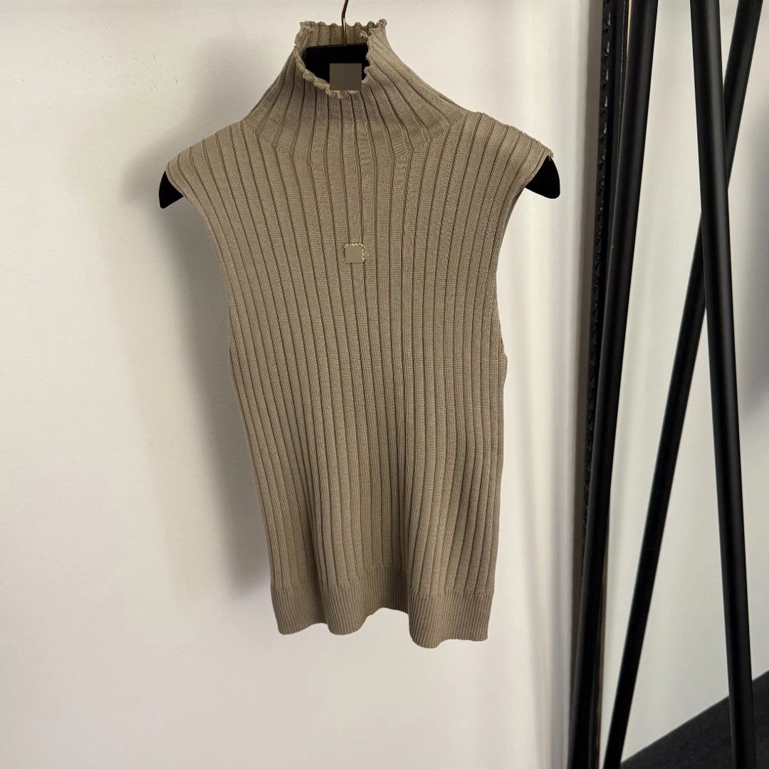 Beige Ribbed Knit Three-Piece Set: Turtleneck Vest, Open-Front Cardigan, Wide-Leg Pants - 7