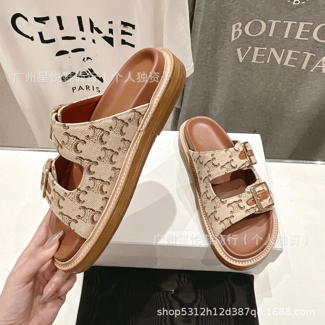 Celine Triomphe Print Double-Buckle Slide Sandals Beige - 5