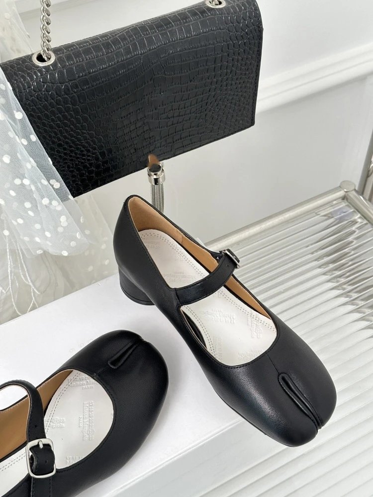 Black Mary Jane Block Heel Leather Shoes - 7