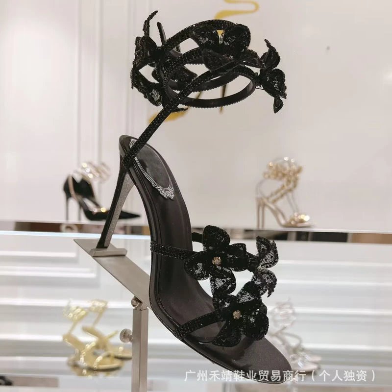 Custom Embellished Floral High-Heel Sandals in Mint Green with Crystal and Mesh Flowers - 4