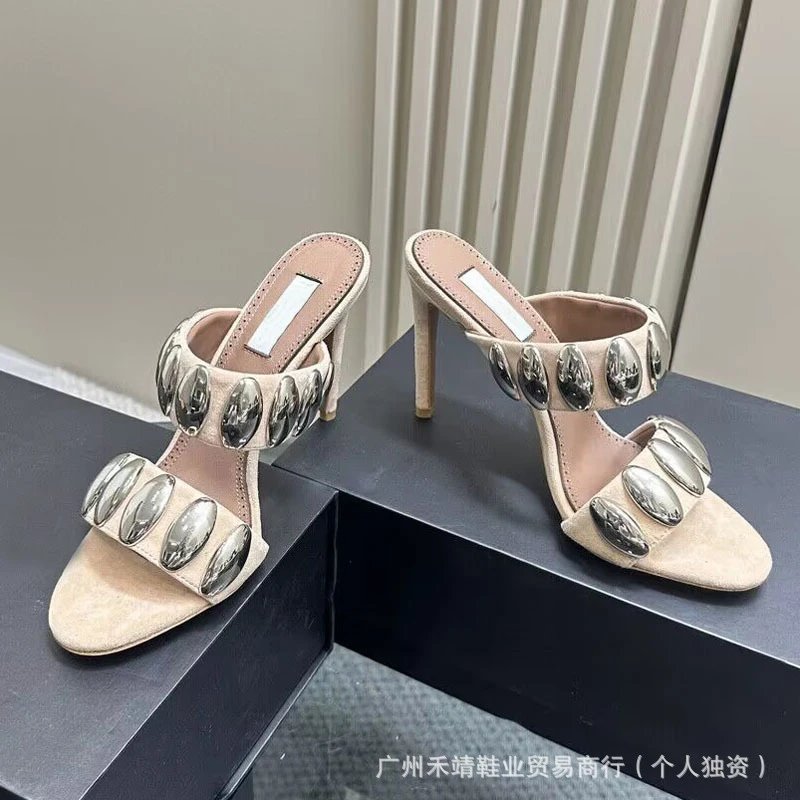 Valentino Garavani Rockstud Flat Mules Beige Sandals - 3