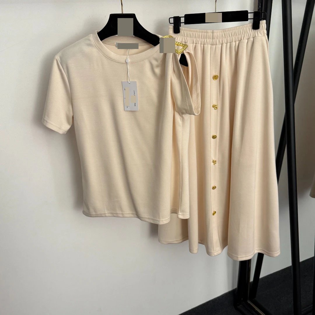 Beige Button-Front Skirt Set with Cropped T-Shirt - 6