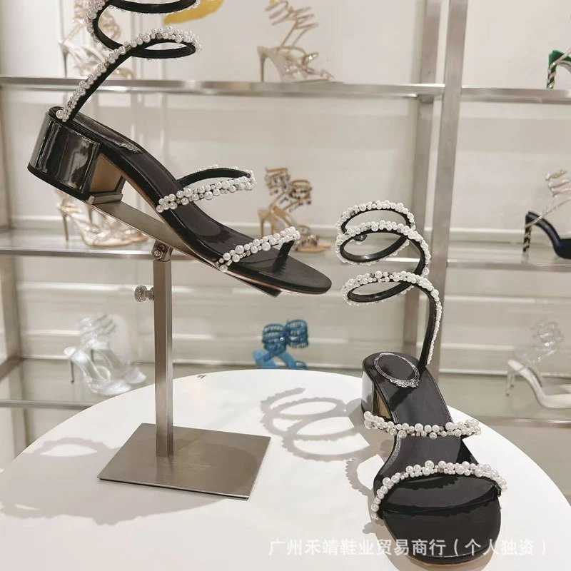 Pearl-Embellished Spiral Strap Block Heel Sandals Black - 3