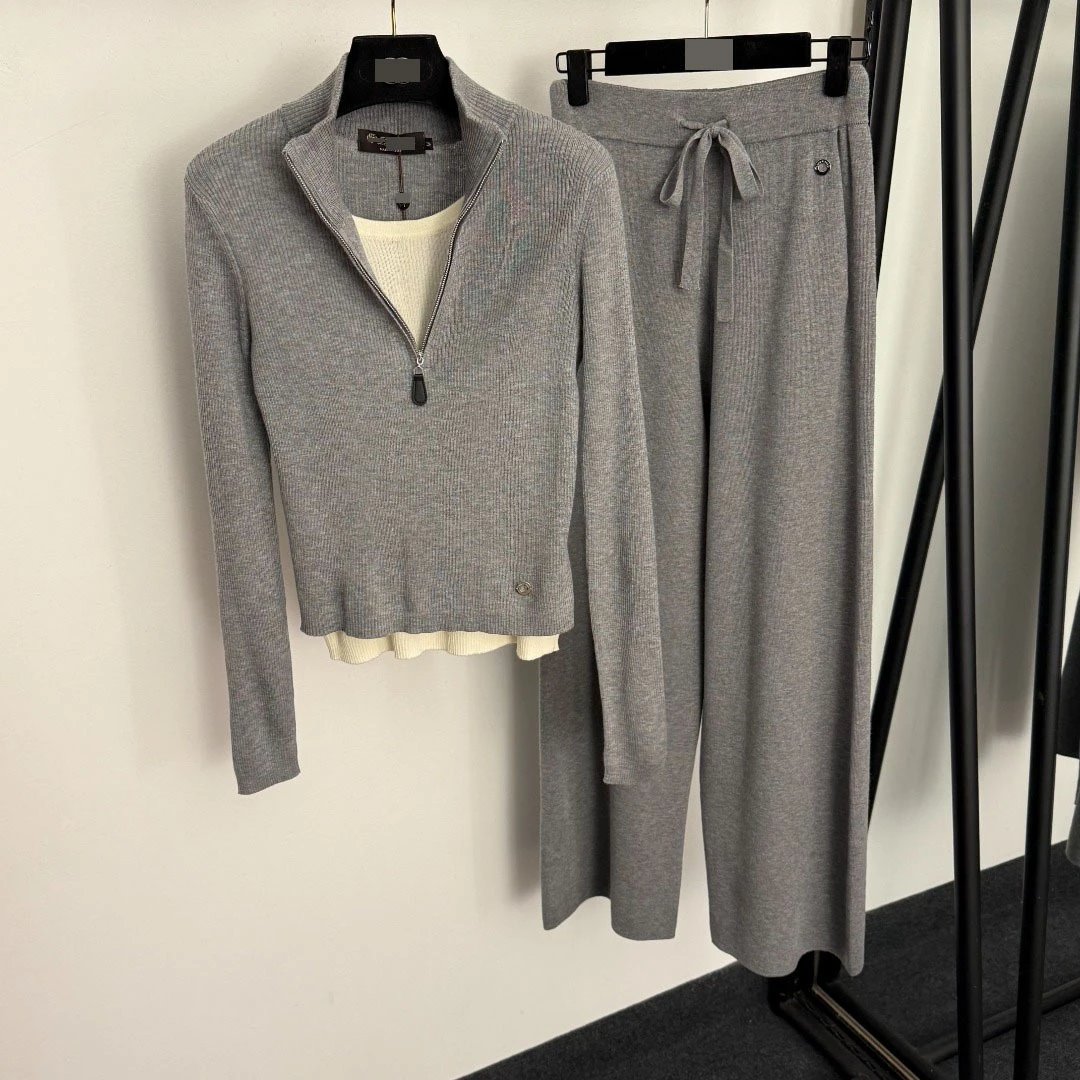 Design Ribbed Mock Neck Cropped Sweater and Wide-Leg Drawstring Pants Set Black - 9