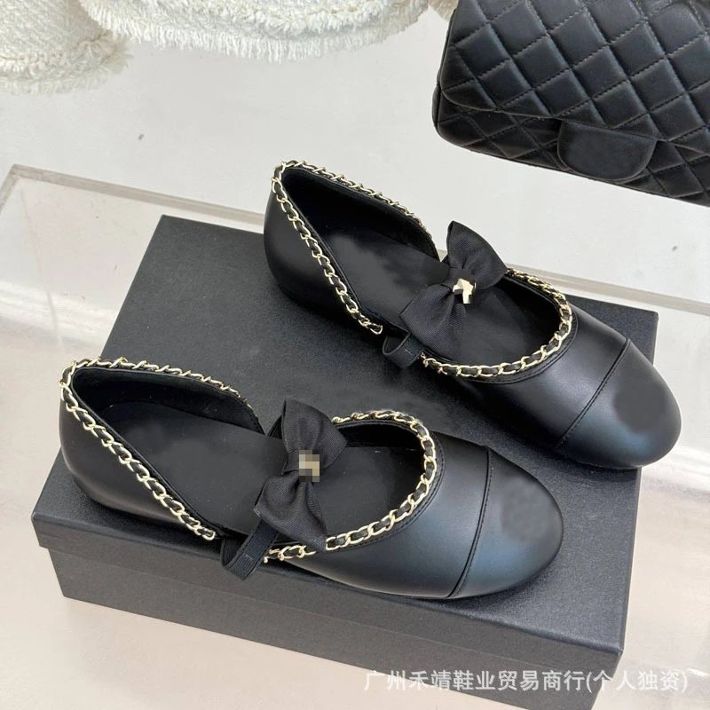 Chanel-inspired Bow Chain Mary Jane Flats Black Shoes - 3