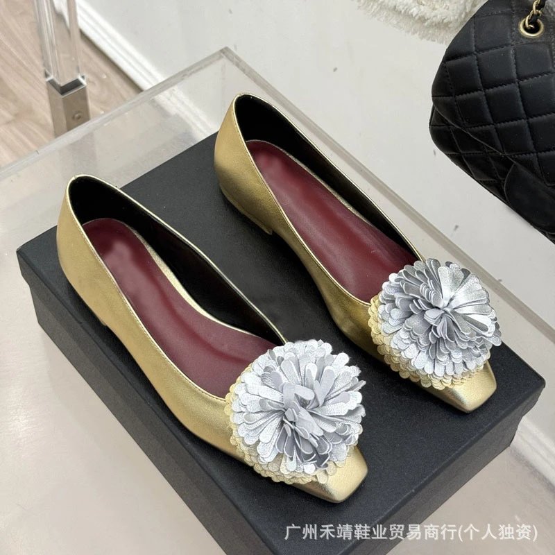 Design Floral-Embellished Black Slingback Flat Shoes - 3
