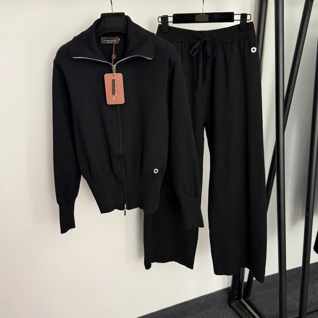 Design Knit Zip-Up Cardigan and Wide-Leg Sweatpants Set Black - 5