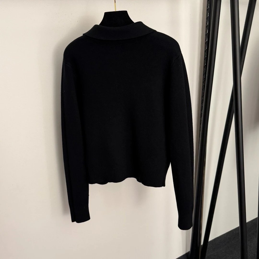 Black Knit Collared Sweater and Wide-Leg Pants Set - 6