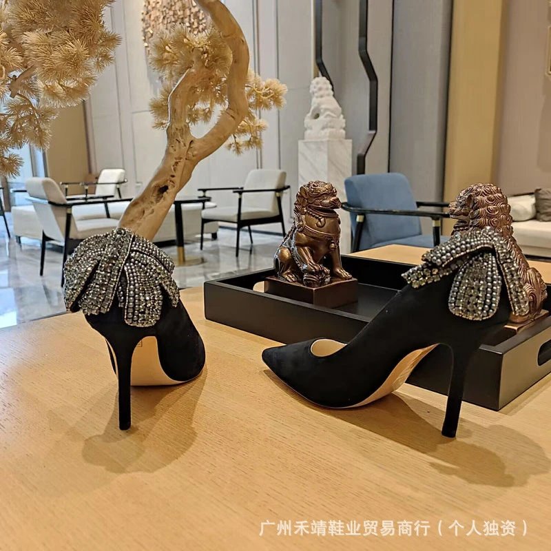 Black Suede Pointed-Toe Pumps with Embellished Bow Heels - 2