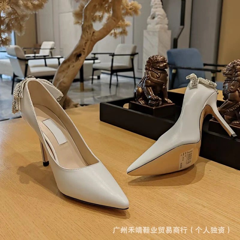 Black Suede Pointed-Toe Pumps with Embellished Bow Heels - 8