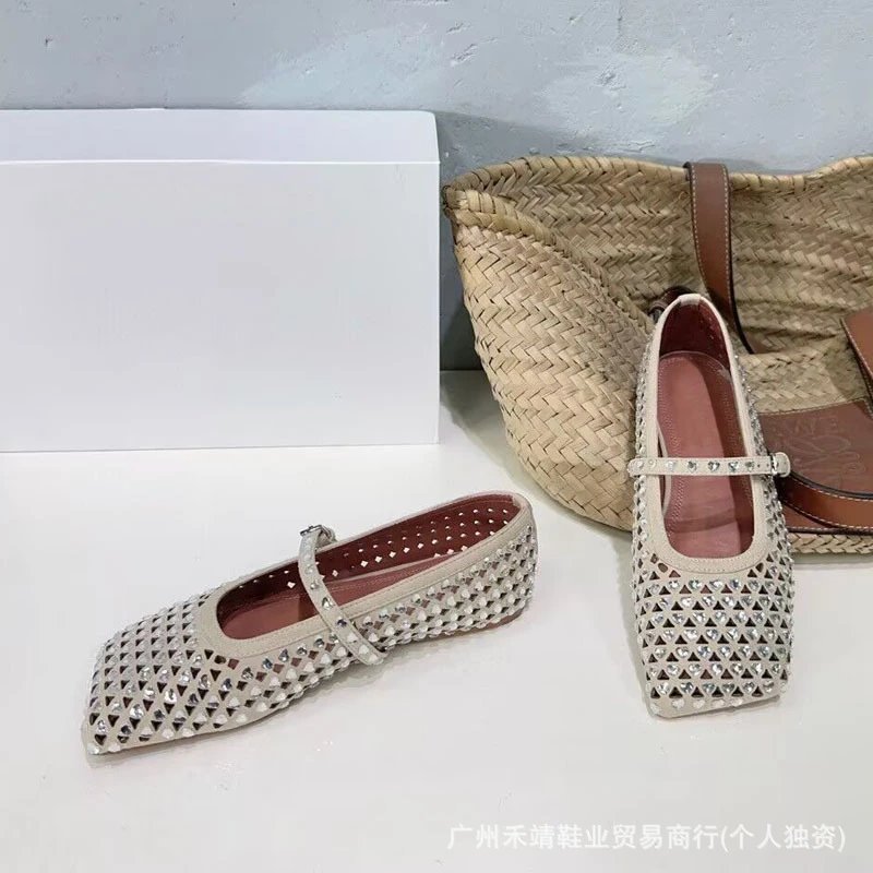 Design Crystal-Embellished Perforated Mary Jane Flats Beige Shoes - 4