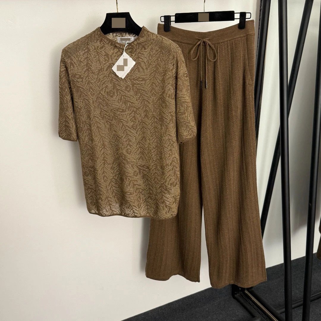 Design Knit Patterned Top and Ribbed Wide-Leg Pants Set in Brown - 5