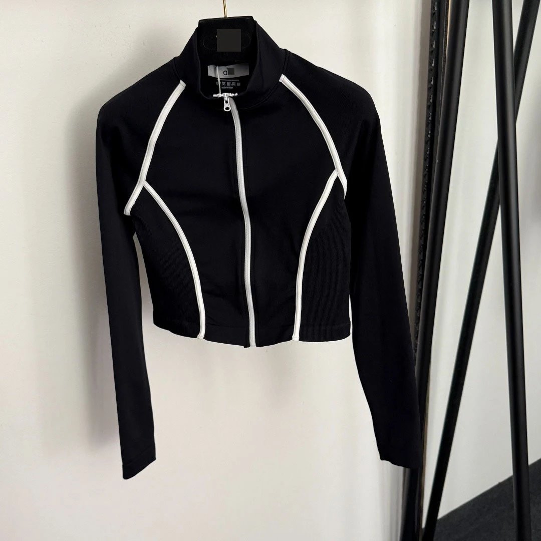 Alphaca Cropped Zip-Up Activewear Set Black with White Contrast Stitching - 8