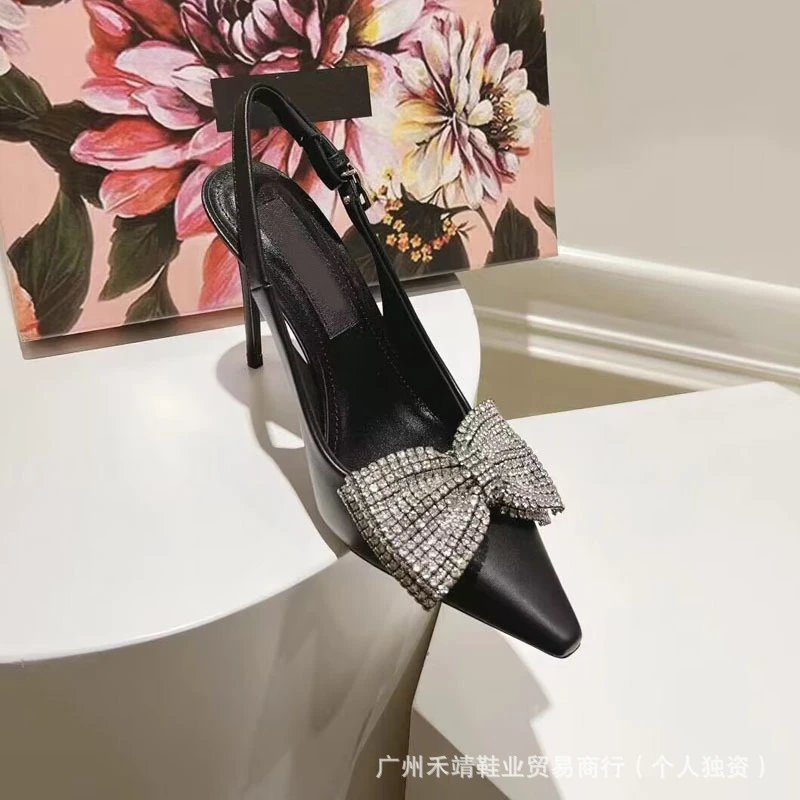 Design Crystal Bow Slingback Stiletto Heels Beige - 3