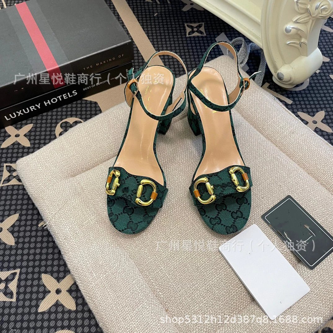 Gucci Horsebit Sandals Black Gold Block Heels - 24