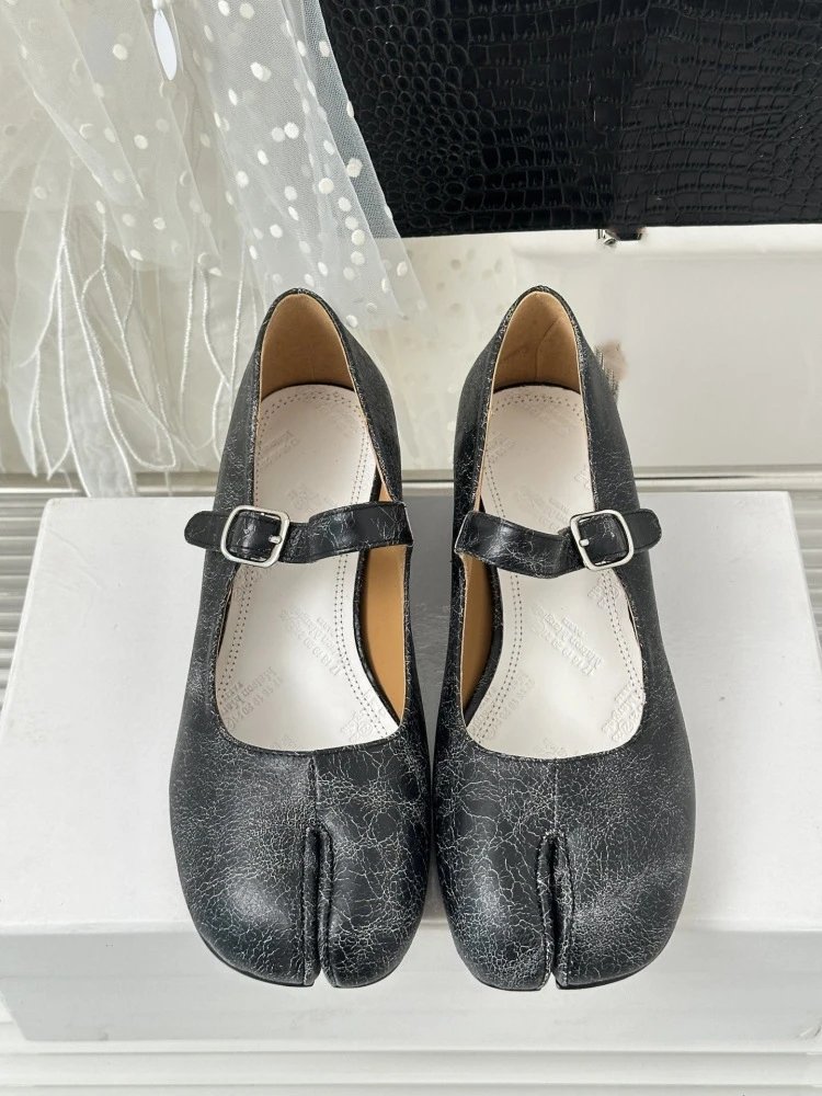 Black Mary Jane Block Heel Leather Shoes - 35
