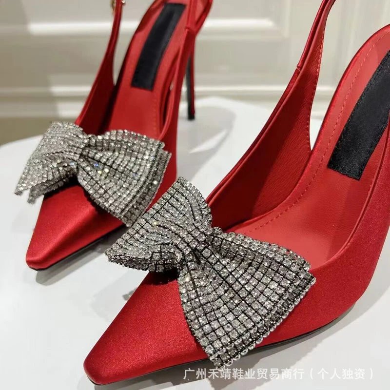 Design Crystal Bow Slingback Stiletto Heels Beige - 8
