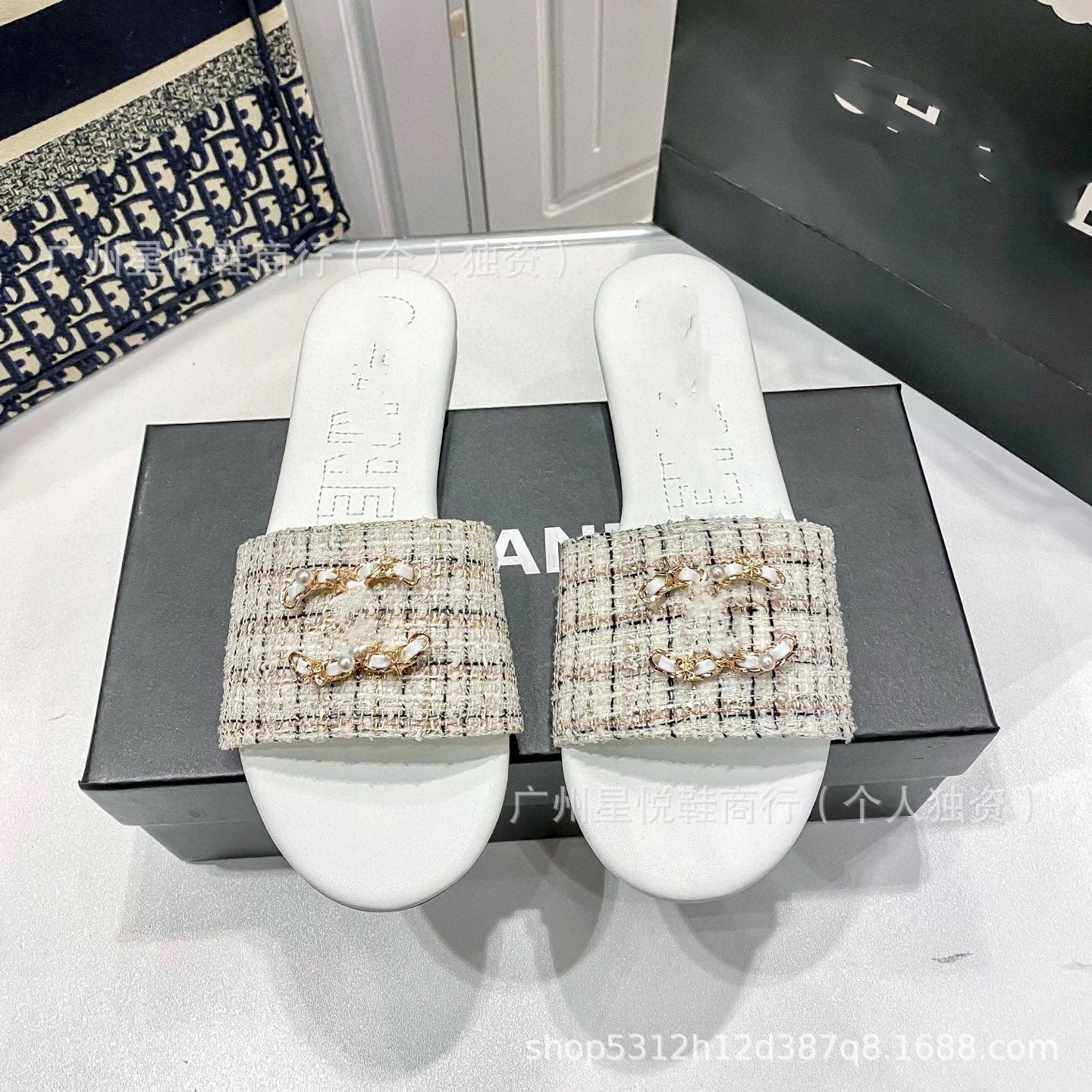 Chanel Slippers Tweed Strap Pearl Chain Slides image 1
